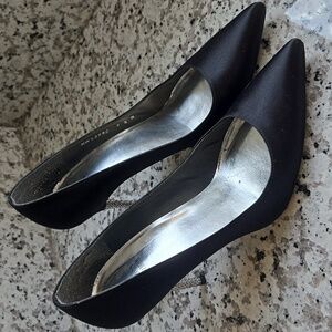 Stuart Weitzman Black and Silver Satin Heels